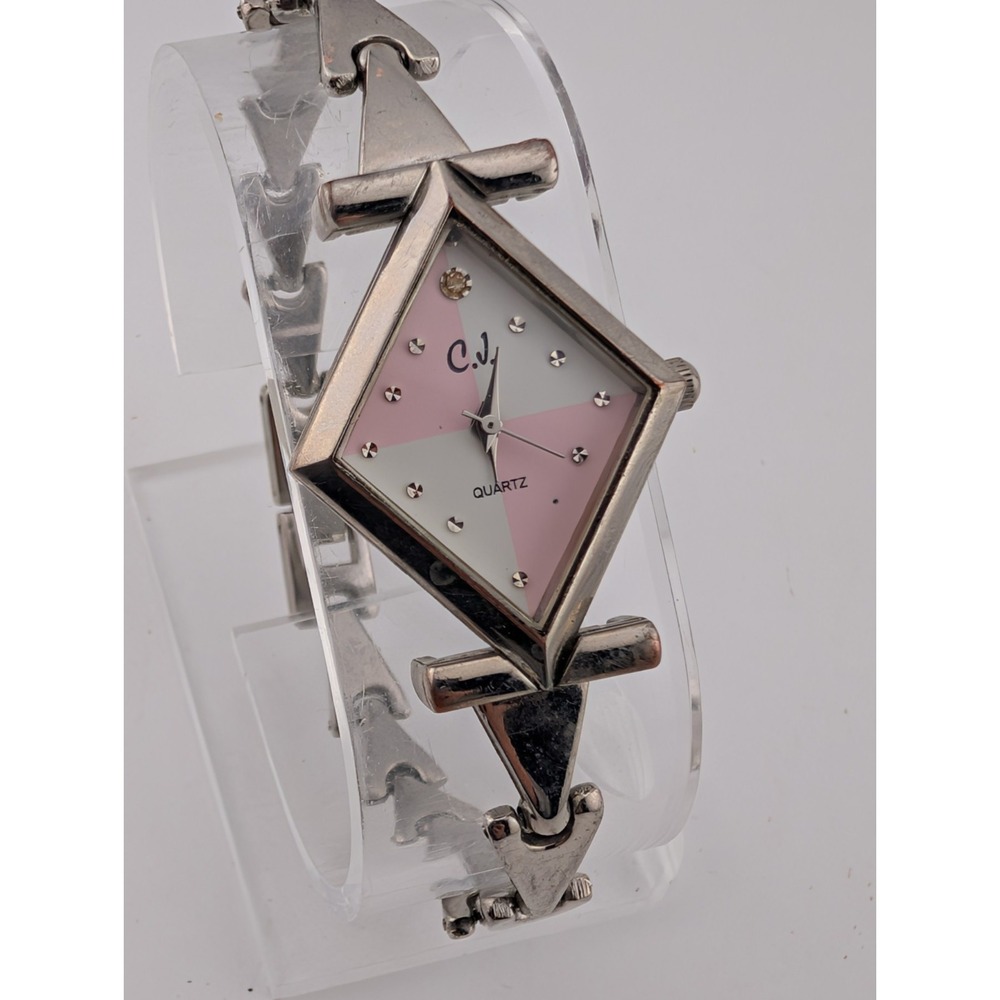 C.J.  Watch Women 26mm Case Pink/White Dial Silver 7.75"‎ Band- New Battery